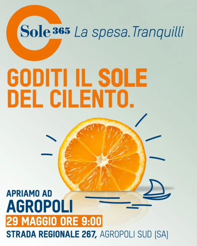 La tua spesa tranquilla ha una nuova casa!

Il 29 maggio alle 9:00 apriamo le porte di un nuovo punto vendita in Strada Regionale 267, zona Agropoli Sud.

Vieni a scoprire un’esperienza di spesa tutta da vivere: pratica, accogliente e pensata per te.

#sole365